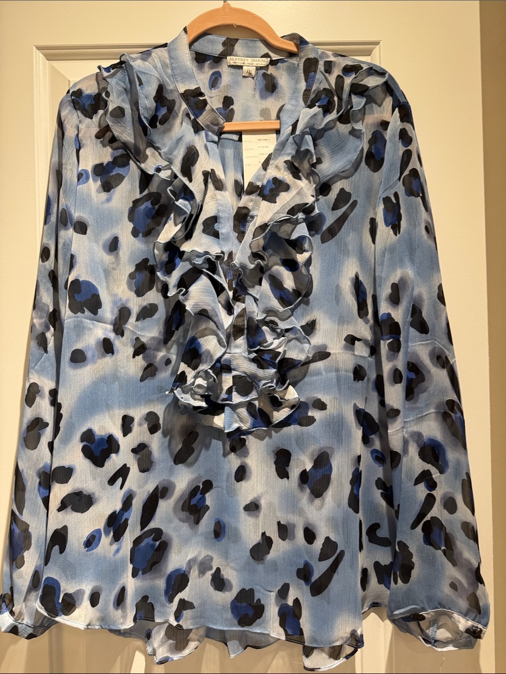 Alberto Makali Blue and Black Ruffle Front Leopard-Print Blouse